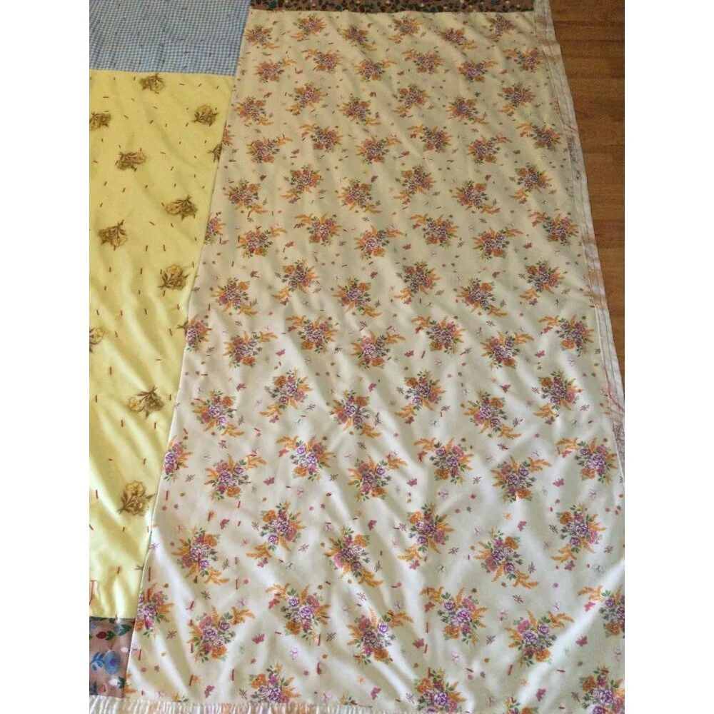 Vintage handmade Quilt Large Blocks floral gingham 82 x 105 blanket